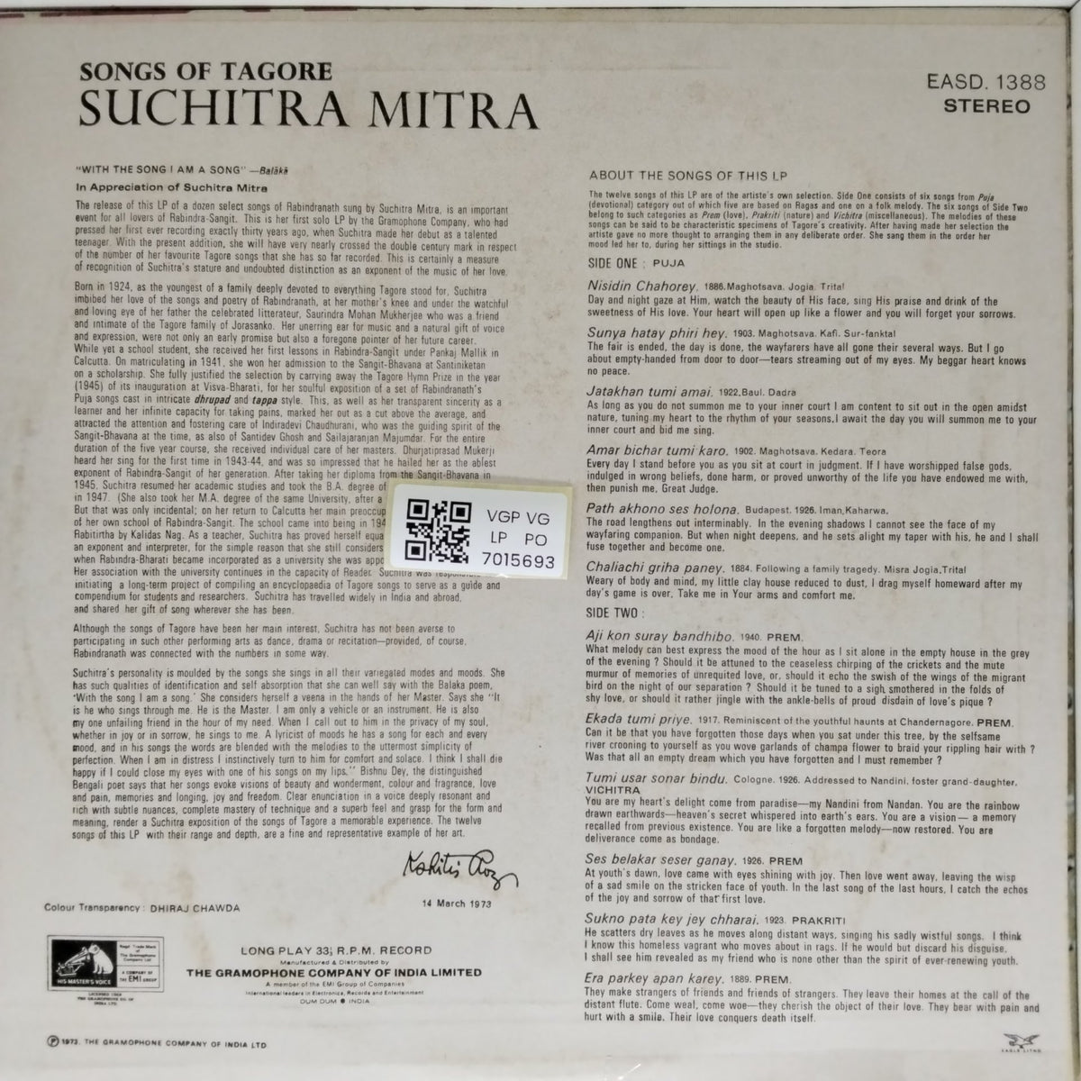 Suchitra Mitra - Songs of Tagore (Vinyl)
