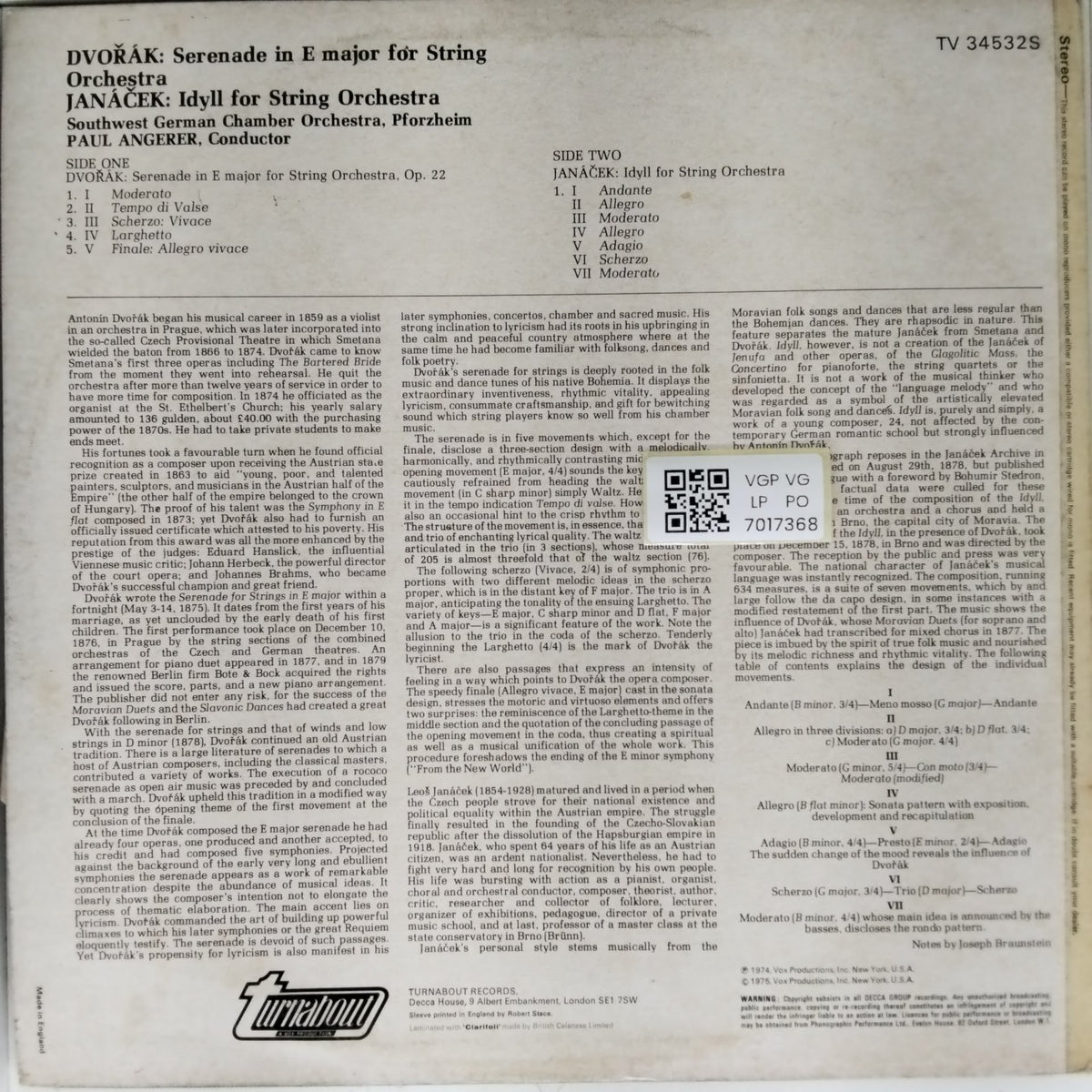 Paul Angerer, Southwest German Chamber Orchestra - Dvorak: Serenade for String Orchestra, Op. 22 / Janacek: Idyll for String Orchestra (Vinyl)