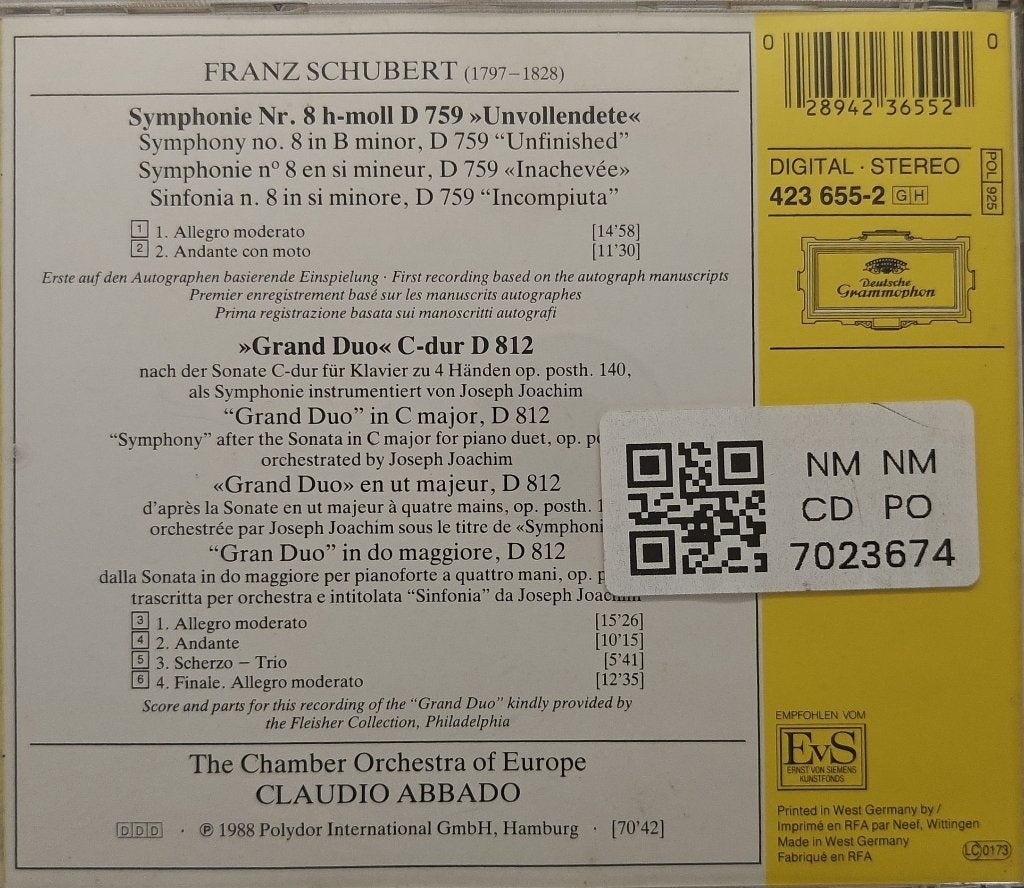 Franz Schubert, The Chamber Orchestra of Europe, Claudio Abbado - Symphonie No. 8 "Unvollendete". Grand Duo (CD)