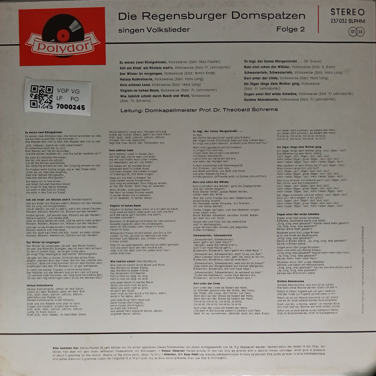 Die Regensburger Domspatzen - singen Volkslieder Folge 2 (Vinyl)