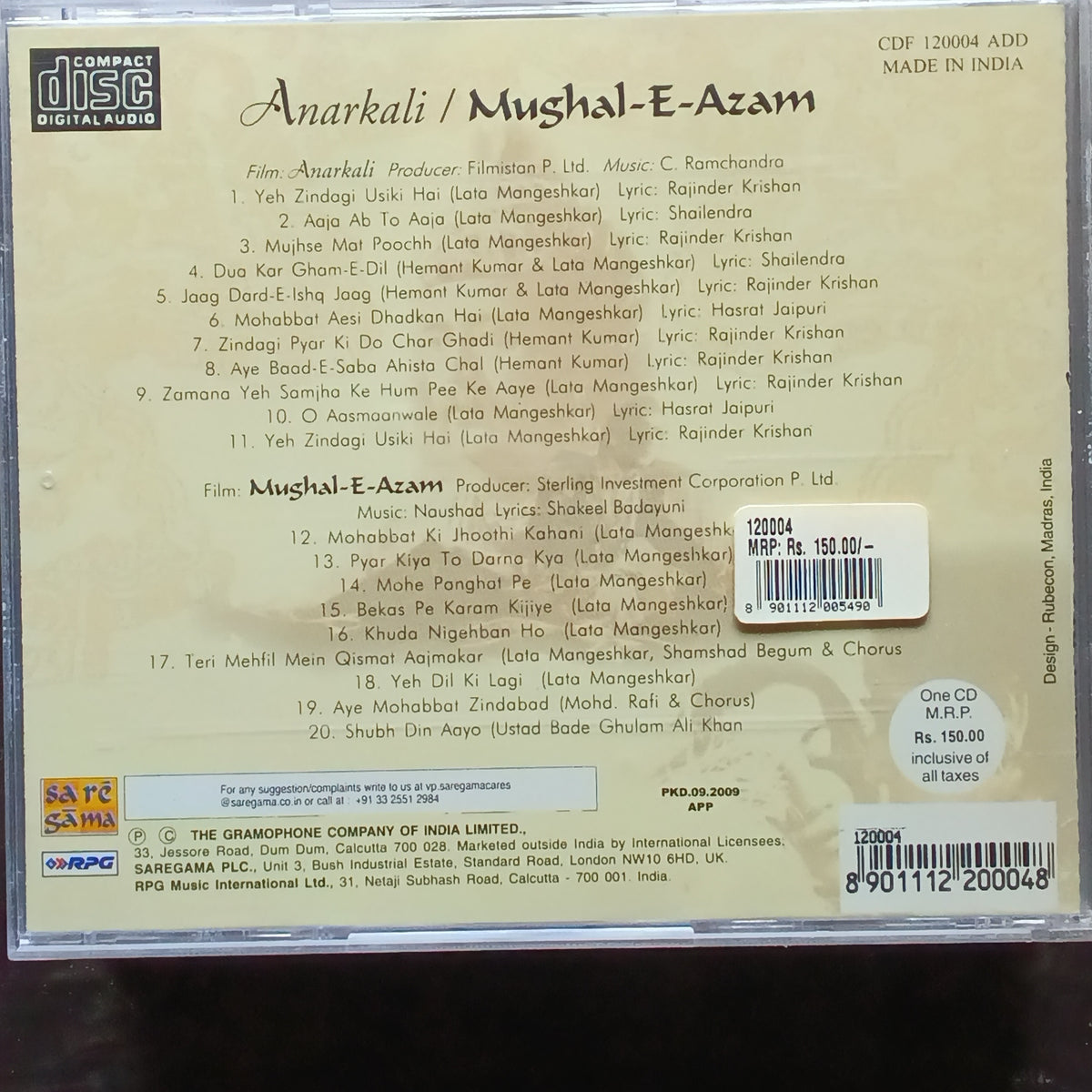 Naushad + C Ramachandra  - Mughal E Azam + Anarkali (CD)