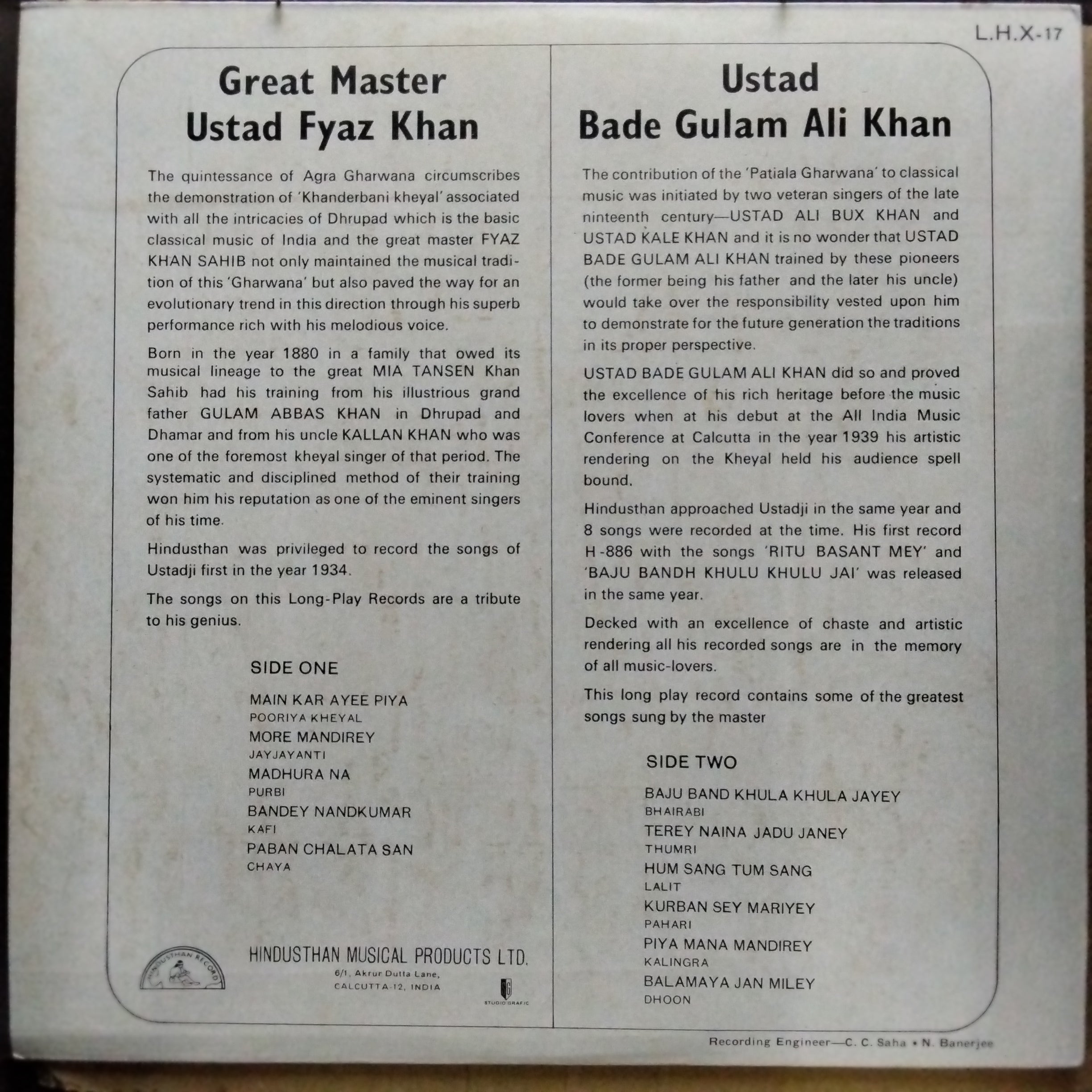 Ustas Bade Ghulam Ali Khan/Great Master Fyaz Khan  - Classical Gems Of  (Vinyl)