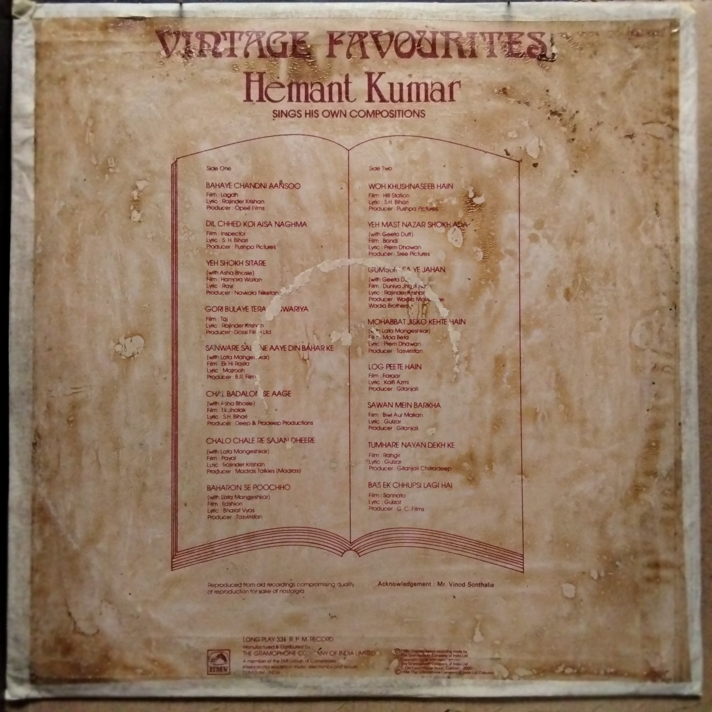 Hemant Kumar  - Vintage Favourites (Hemant Kumar Sings His Own Compositions) (Vinyl)