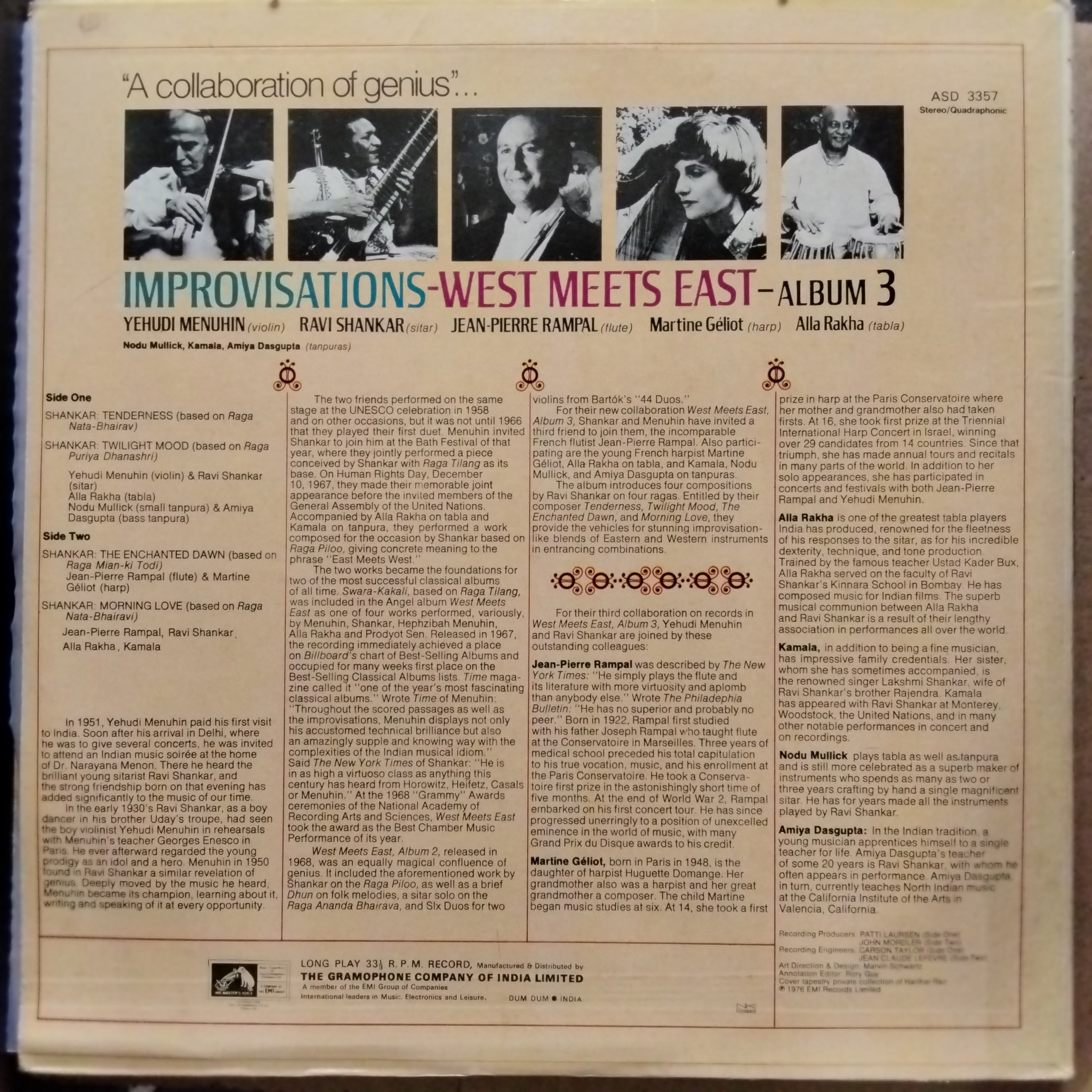 Yehudi Menuhin - Ravi Shankar - Jean-Pierre Rampal  - Improvisations - West Meets East - Album 3 (Vinyl)