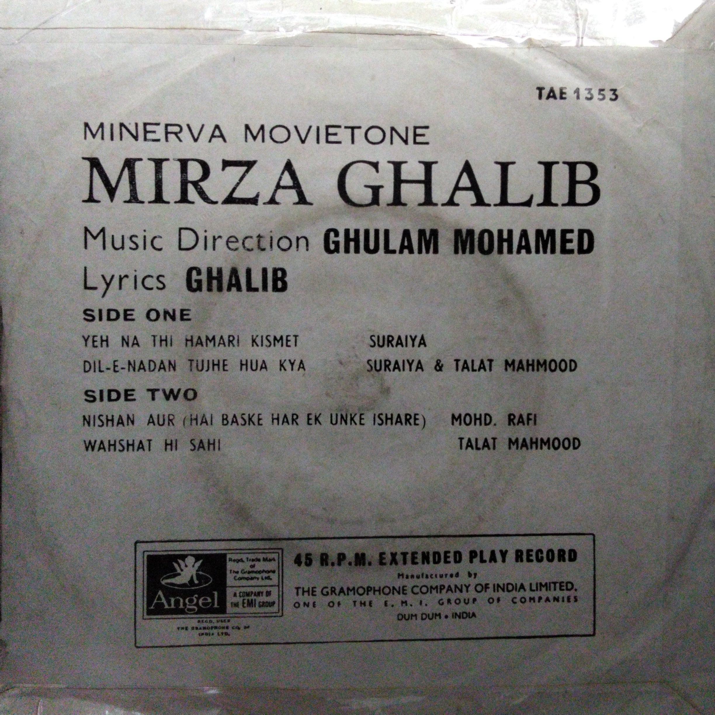 Ghulam Mohammed  - Mirza Ghalib (45-RPM)