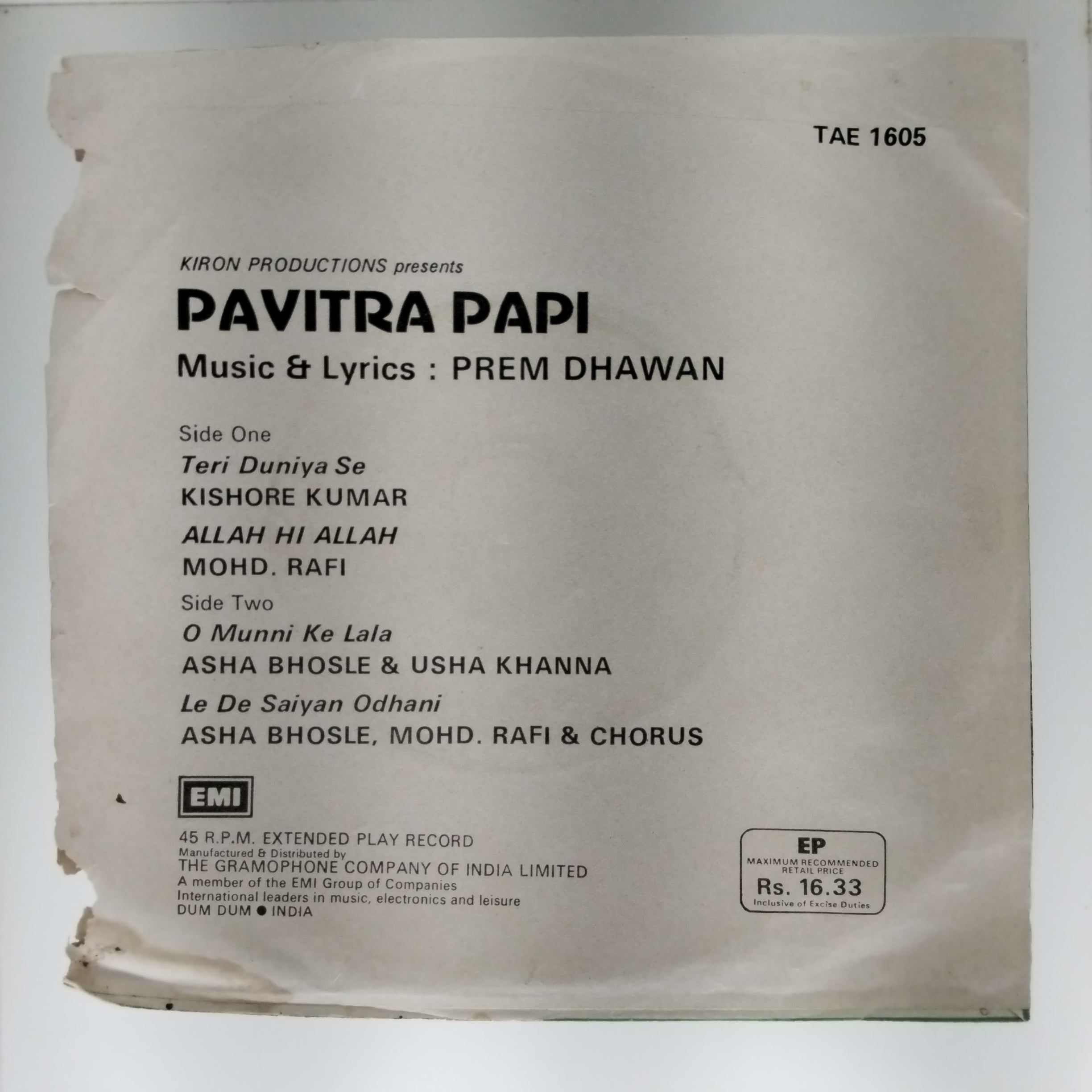 Prem Dhawan - Pavitra Papi (45-RPM)