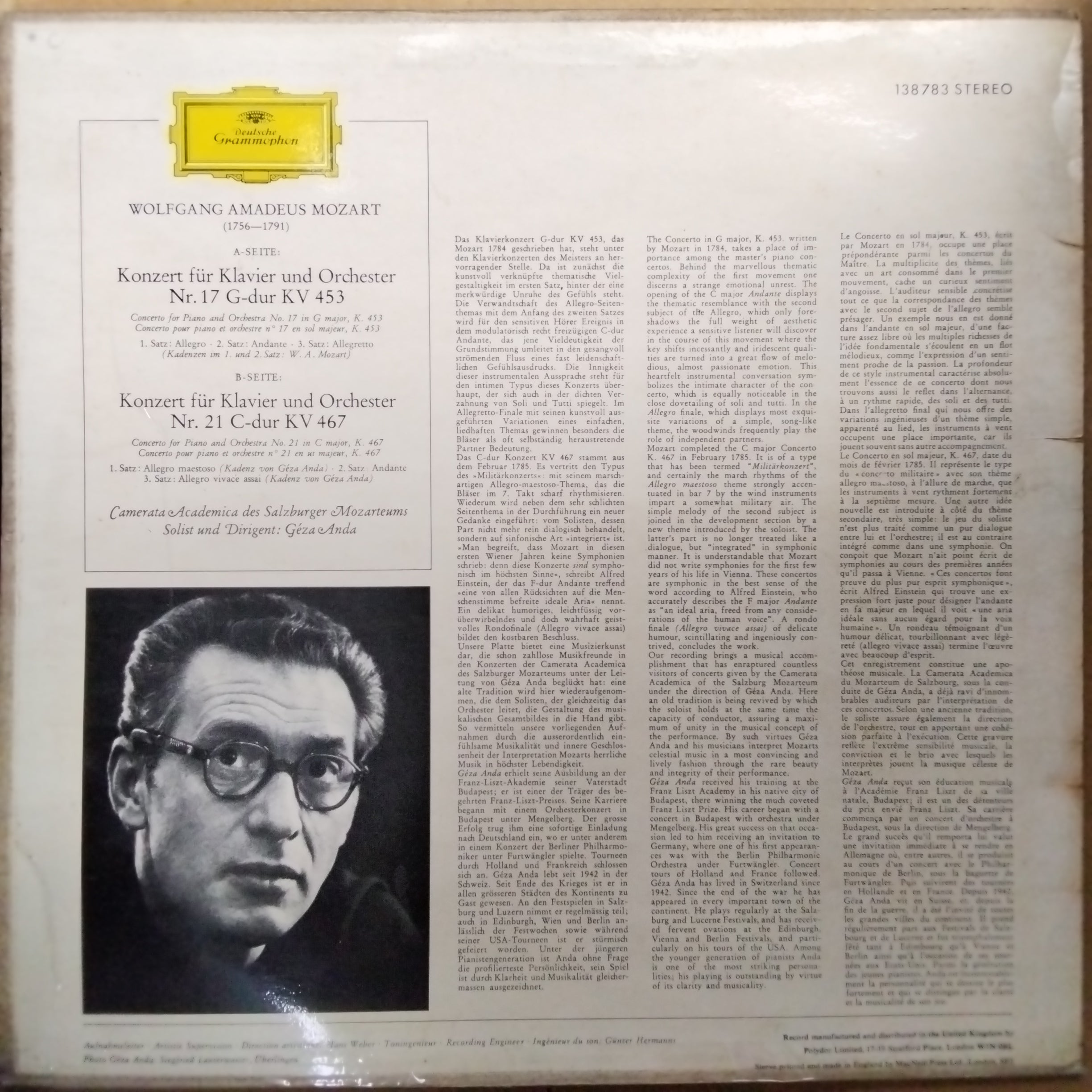 Mozart* - Camerata Academica Des Salzburger Mozarteums*, GéZa Anda  - Klavierkonzerte G-Dur KV 453 ・C-Dur KV 467 (Vinyl)