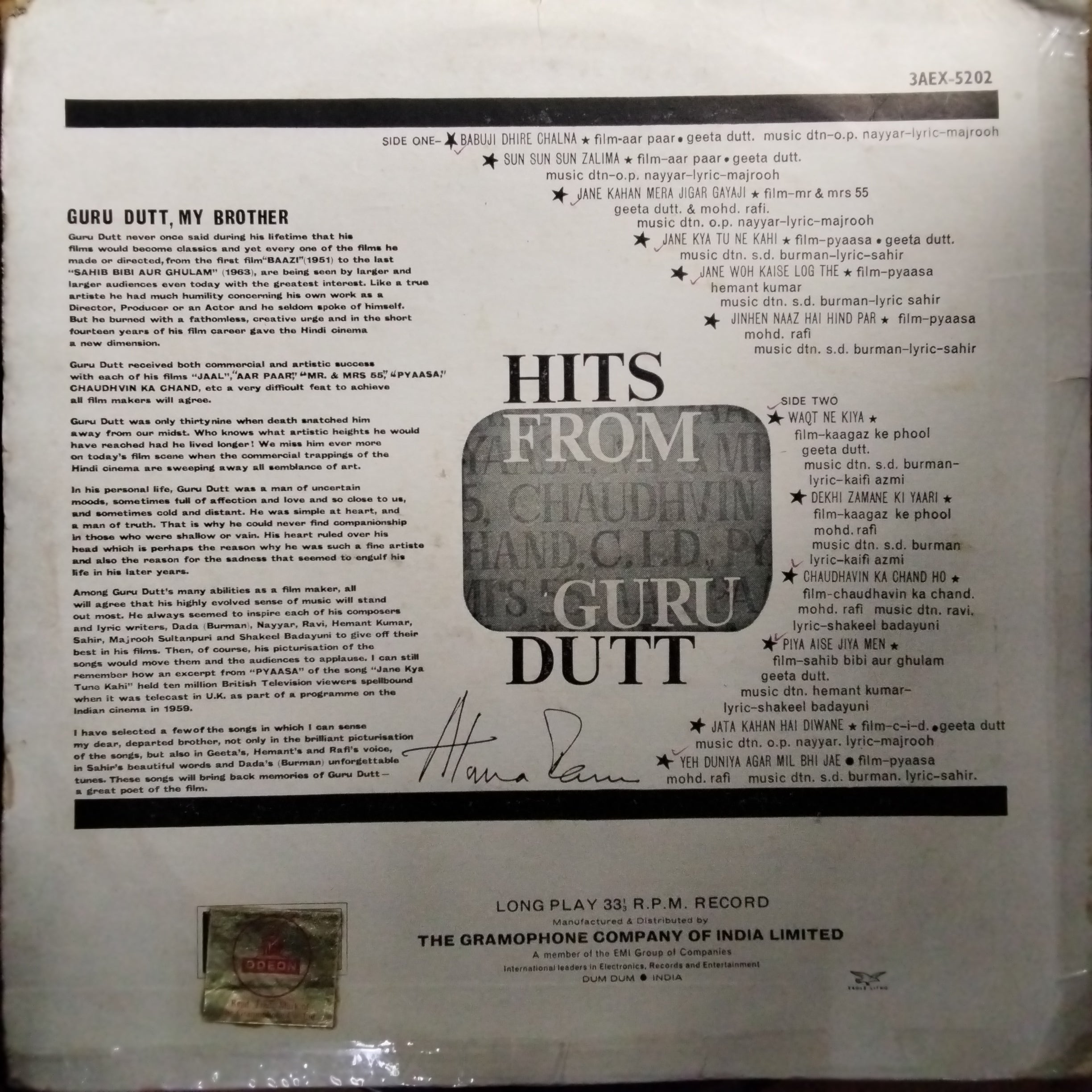 Various  - Hits From Guru Dutt (Vinyl)