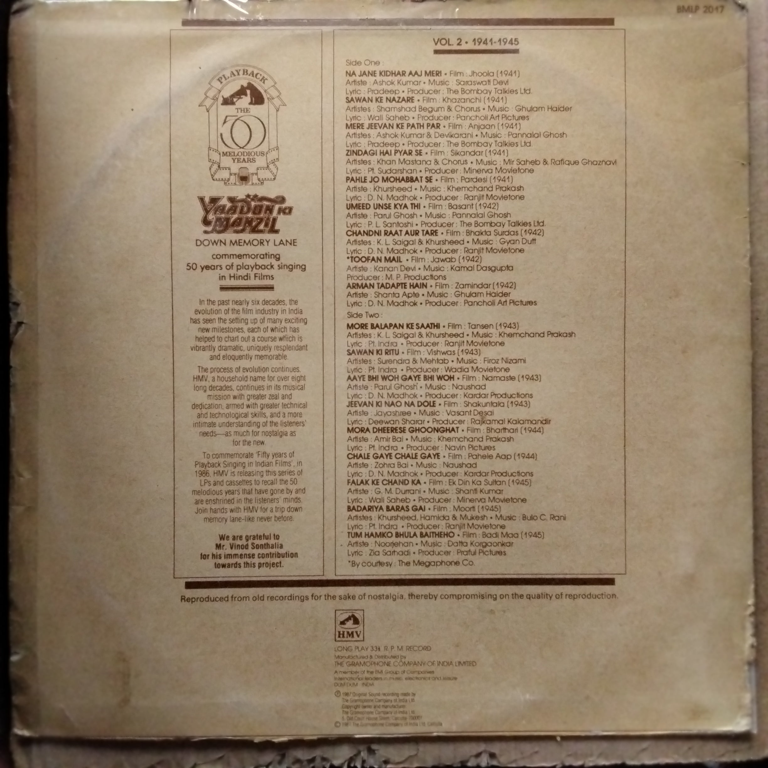 Various  - Yaadon Ki Manzil - Down Memory Lane Vol.2 (1941-1945) (Vinyl)