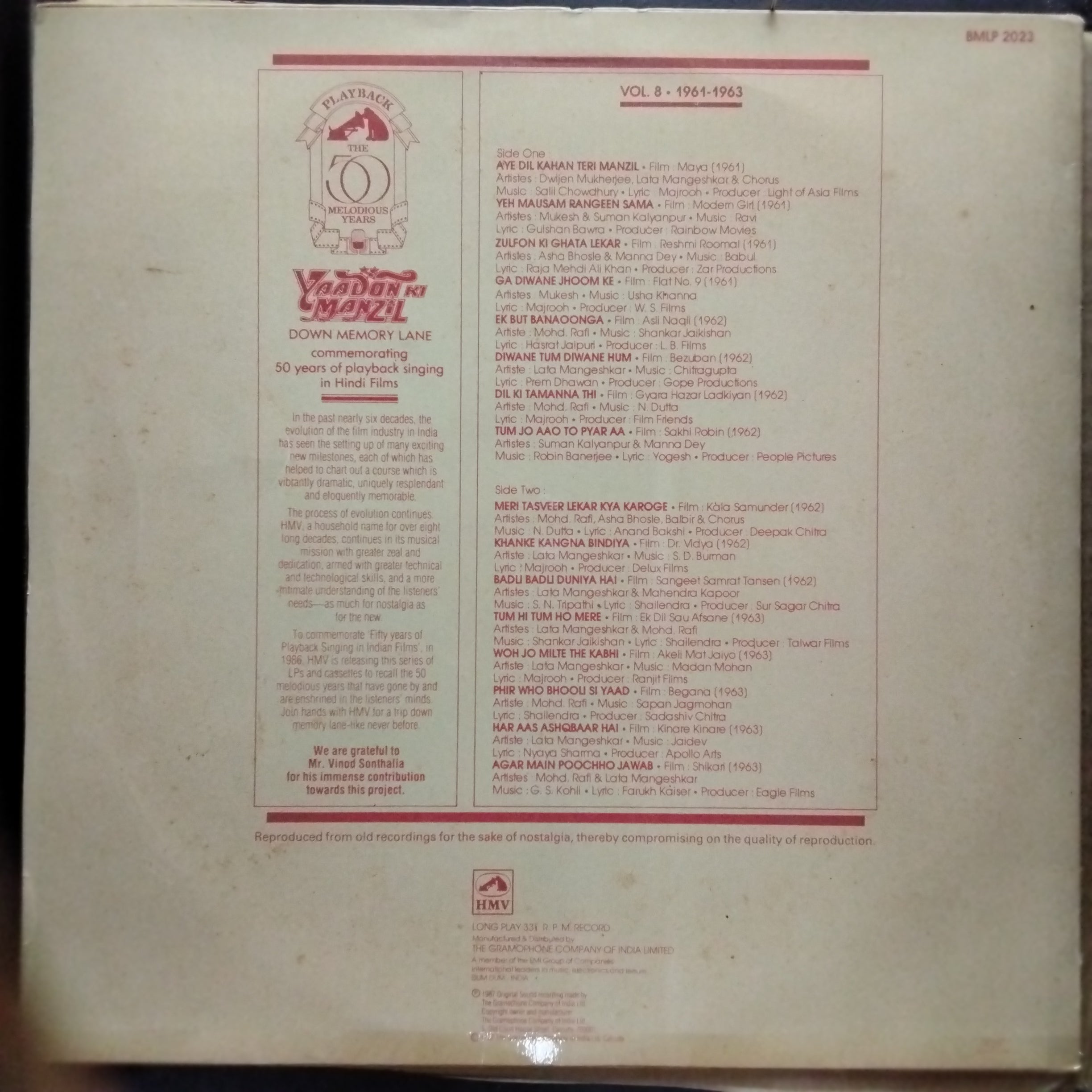 Various  - Yaadon Ki Manzil - Down Memory Lane - Vol. 8 (1961-1963) (Vinyl)