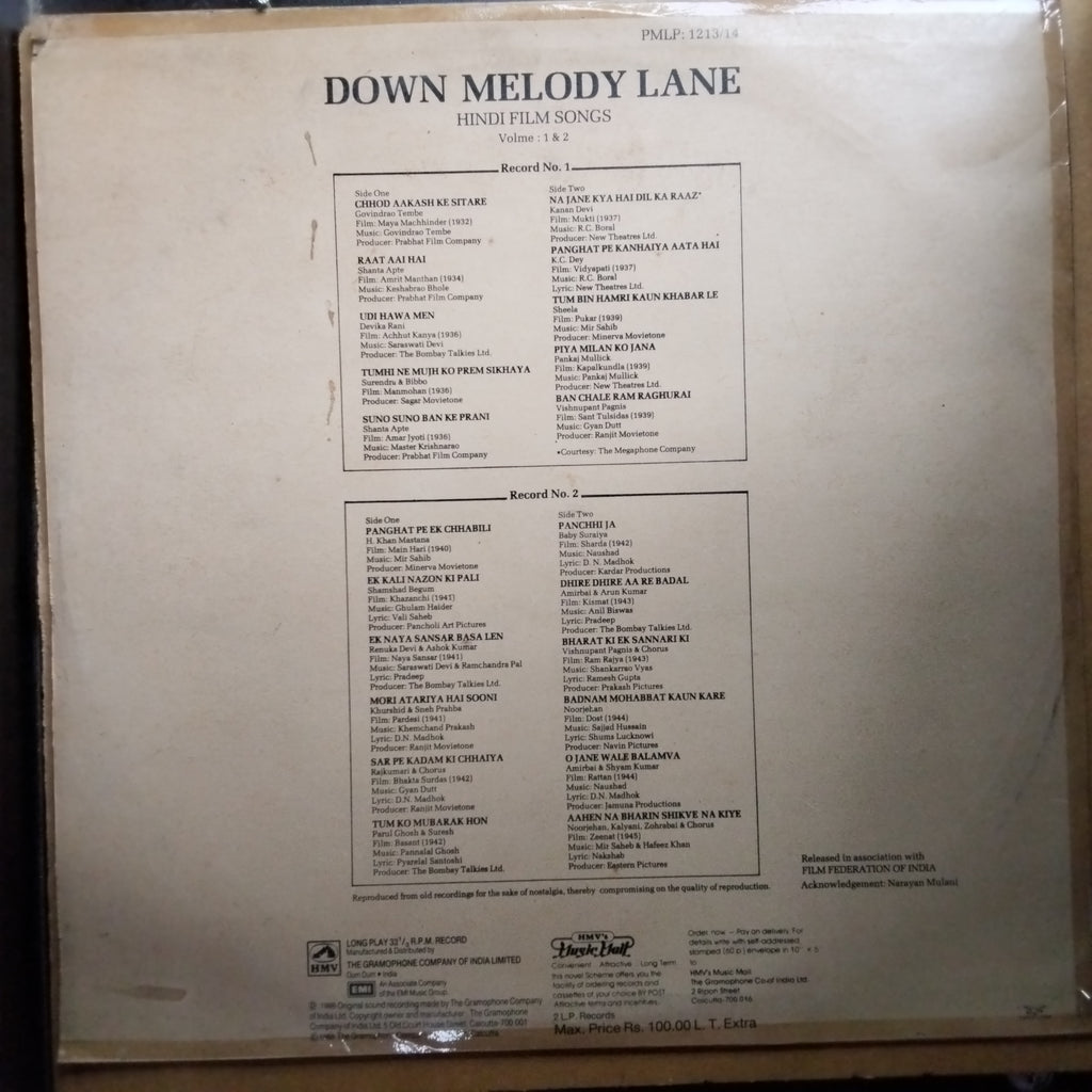 Various - Down Melody Lane (Hindi Film Songs) Vol. 1 & 2 (Vinyl)