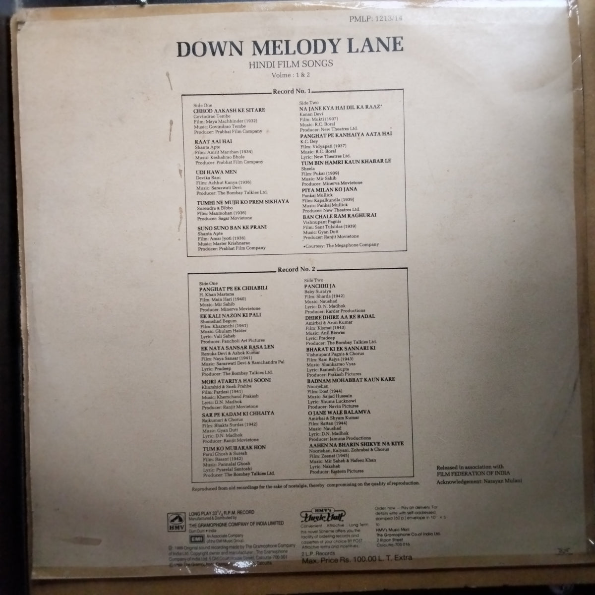 Various - Down Melody Lane (Hindi Film Songs) Vol. 1 & 2 (Vinyl)