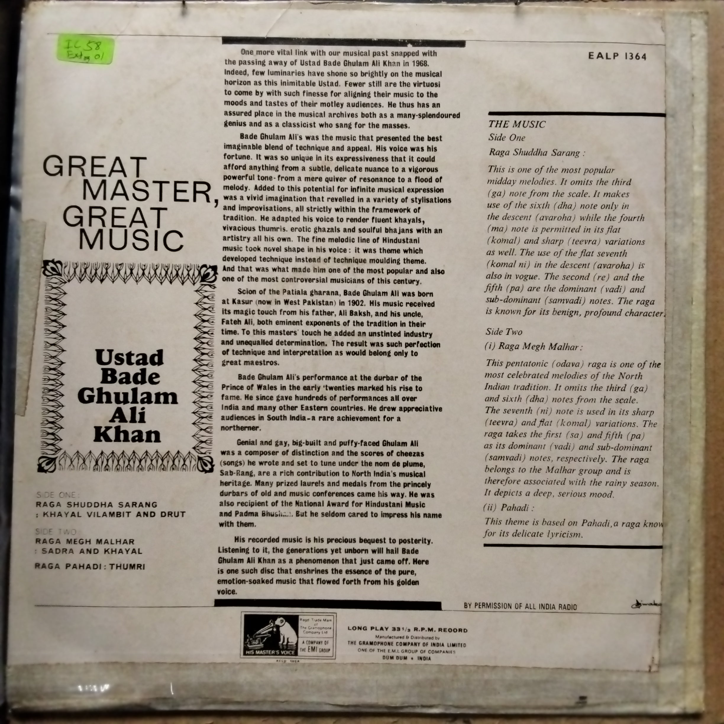 Ustad Bade Ghulam Ali Khan* - Great Master, Great Music (Vinyl)