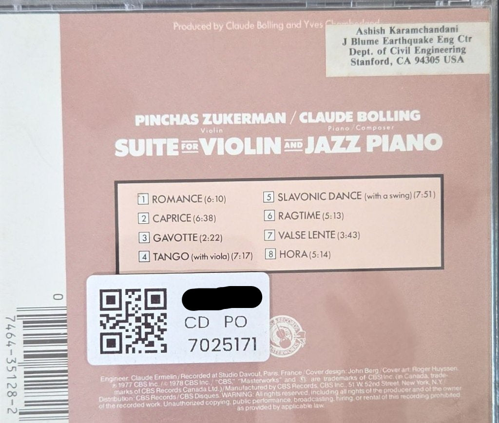 Pinchas Zukerman, Claude Bolling - Suite for Violin and Jazz Piano (CD)