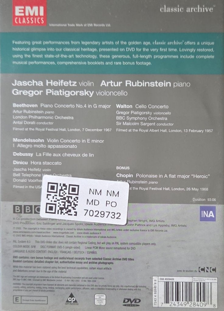 Jascha Heifetz, Artur Rubinstein, Gregor Piatigorsky - Heifetz Rubinstein Piatigorsky (Music-DVD)