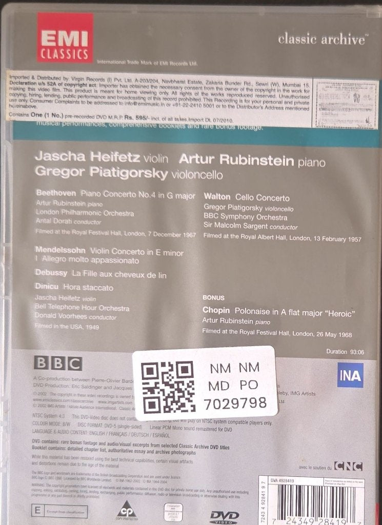 Jascha Heifetz, Artur Rubinstein, Gregor Piatigorsky - Beethoven Piano Concerto No.4, Mendelssohn Violin Concerto, Walton Cello Concerto (Music-DVD)