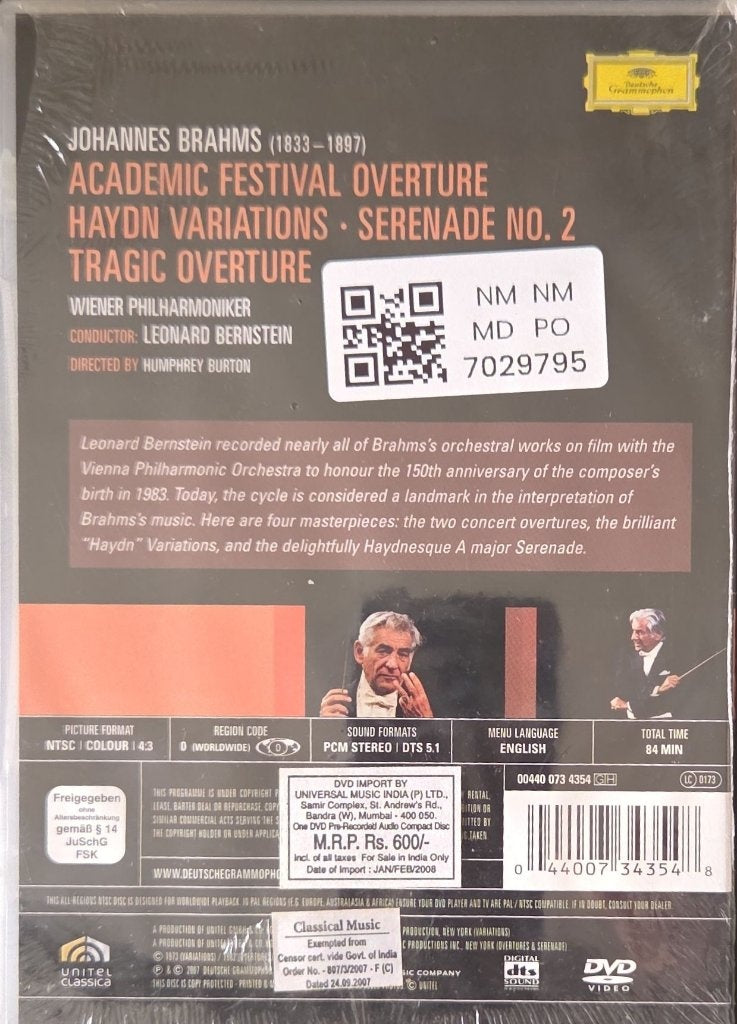 Leonard Bernstein - Brahms: Academic Festival Overture, Haydn Variations, Serenade No. 2, Tragic Overture (Music-DVD)