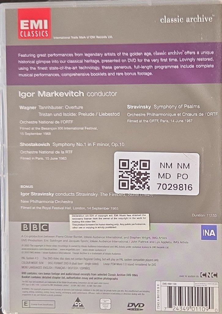Igor Markevitch - Shostakovich Symphony No.1, Stravinsky Symphony of Psalms, Wagner Tannhäuser: Overture etc. (Music-DVD)
