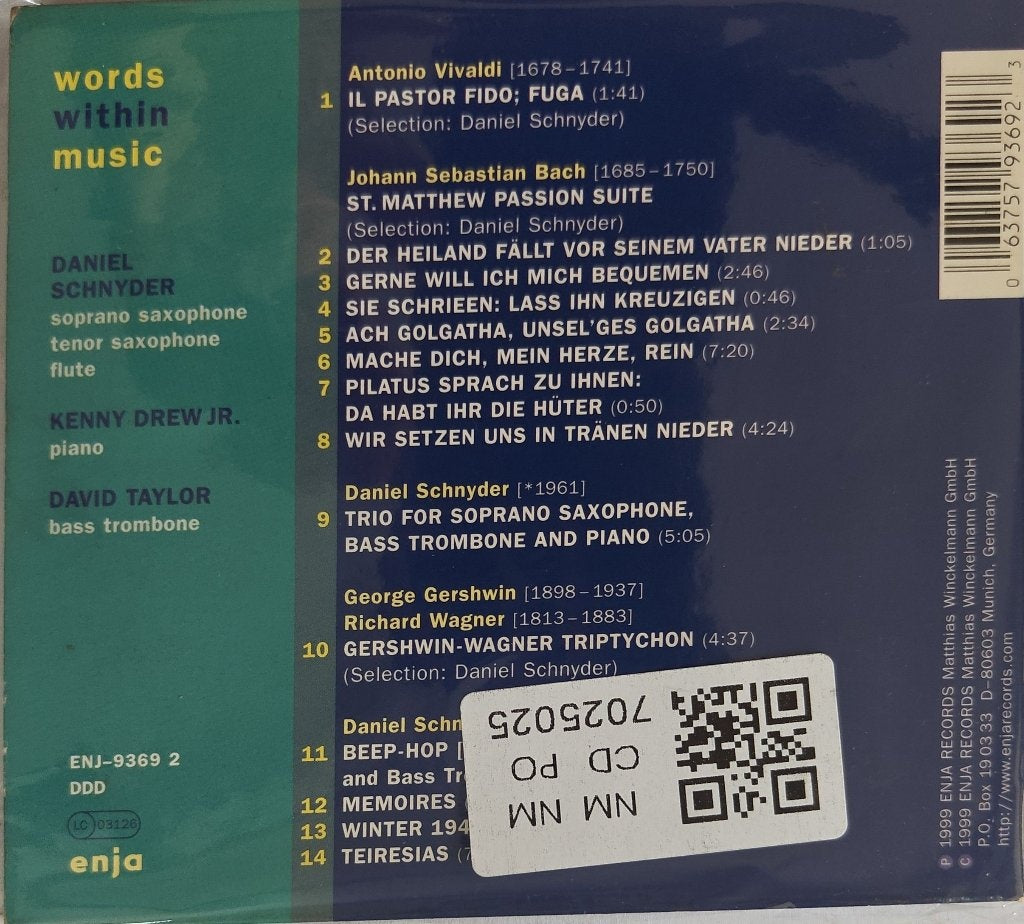 Daniel Schnyder, Kenny Drew Jr., David Taylor - Words Within Music (CD)