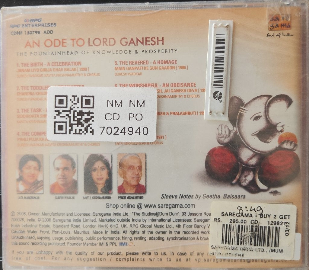 Surendra Wadkar, Kavita Krishnamurthy, Lata Mangeshkar - An Ode to Lord Ganesh (CD)