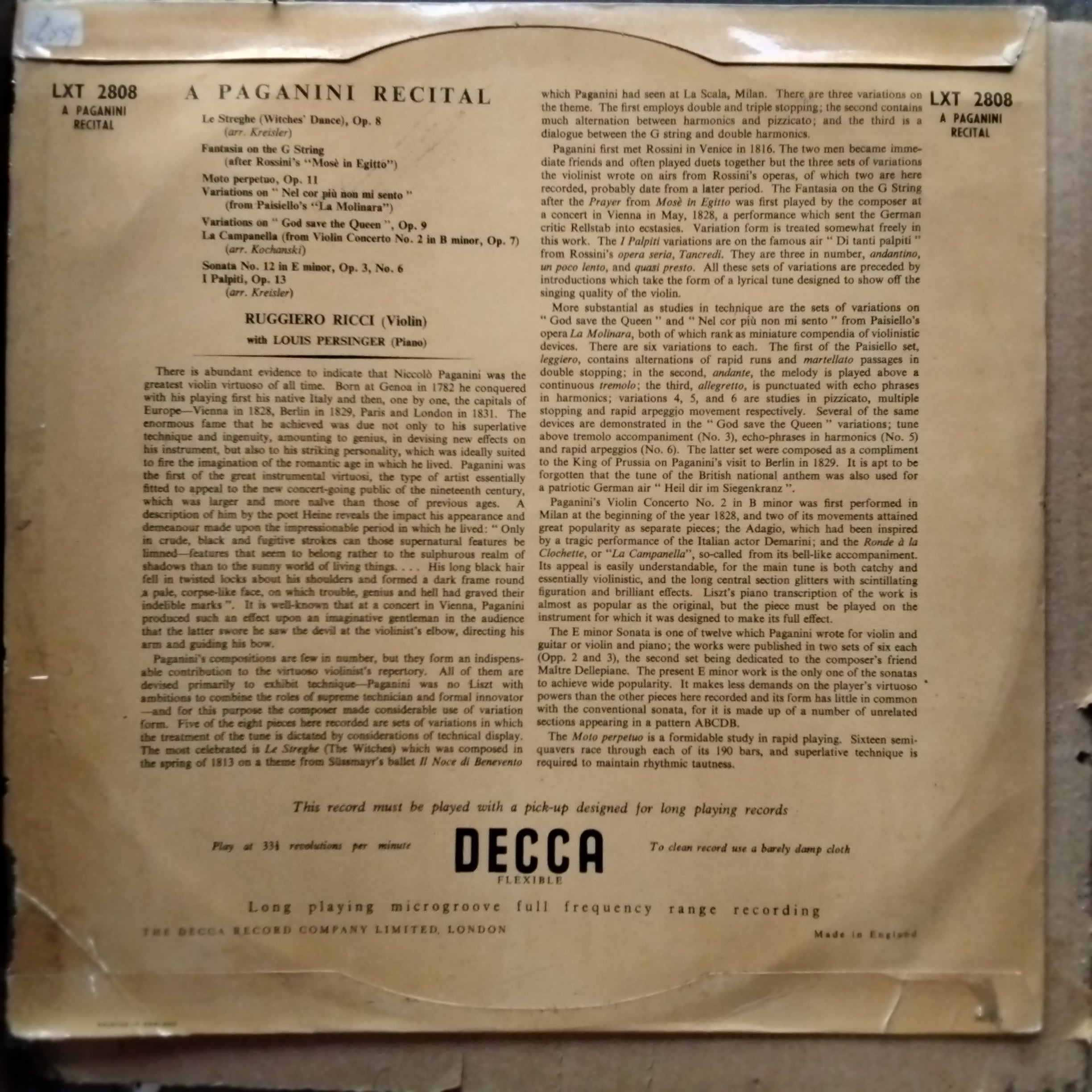 Niccolò Paganini, Ruggiero Ricci, Louis Persinger  - A Paganini Recital (Vinyl)
