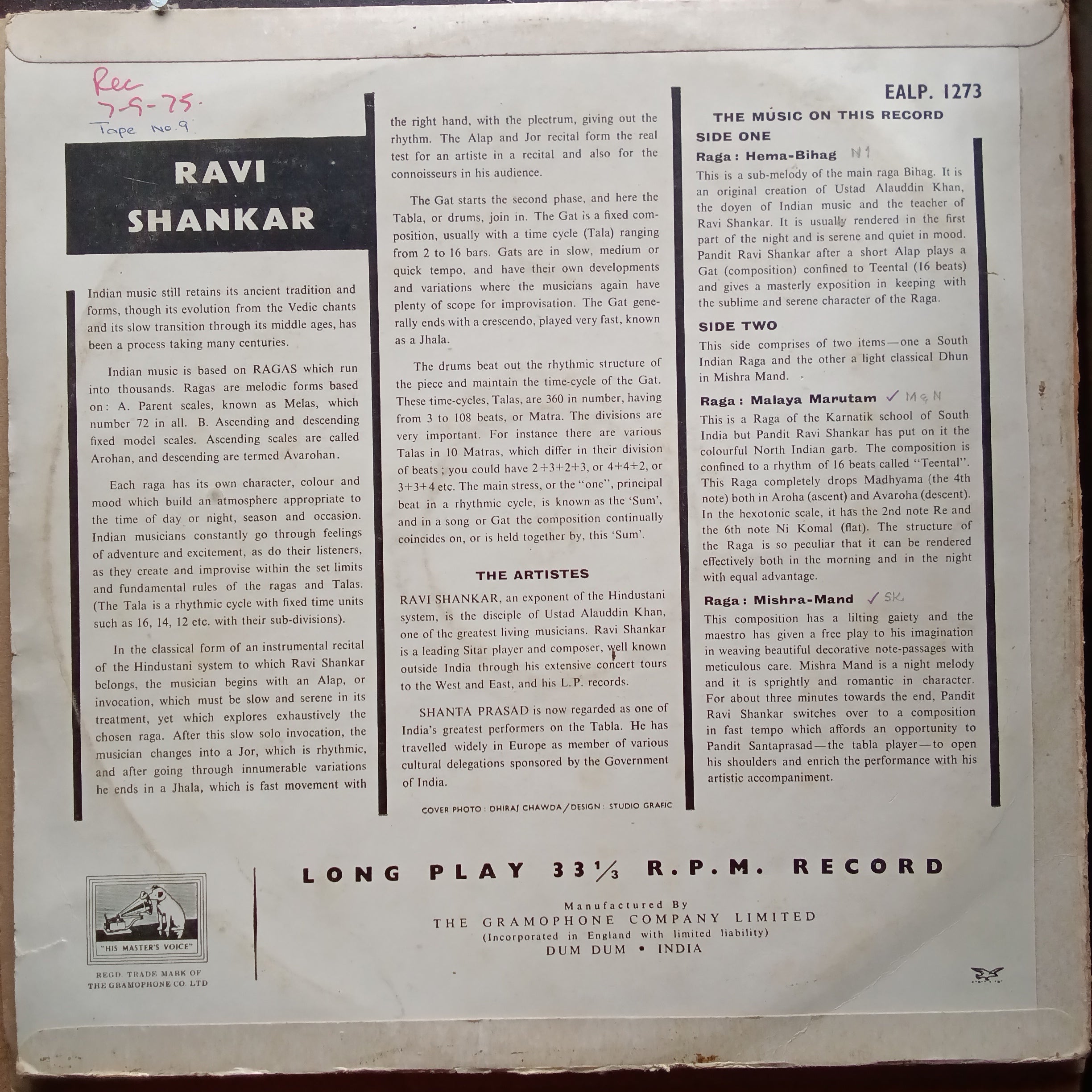 Ravi Shankar - Raga Hema - Bihag, Raga Malaya - Marutam & Mishra - Mand (Vinyl)