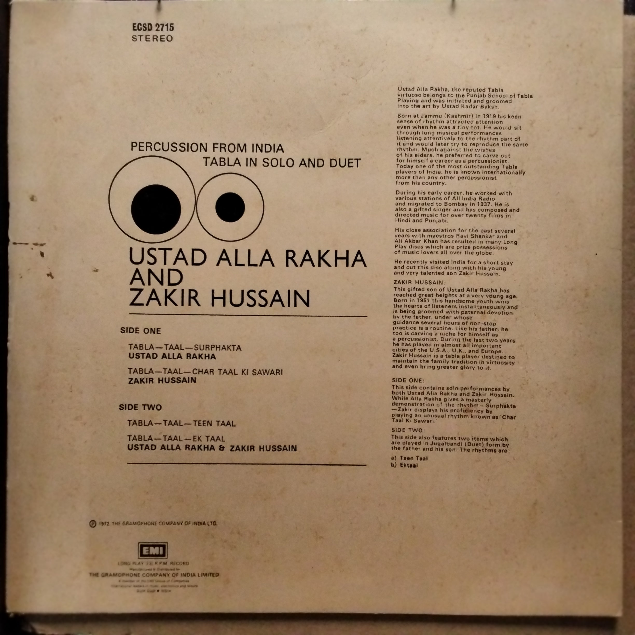 Ustad Alla Rakha* And Zakir Hussain - Percussion From India (Tabla In Solo And Duet) (Vinyl)