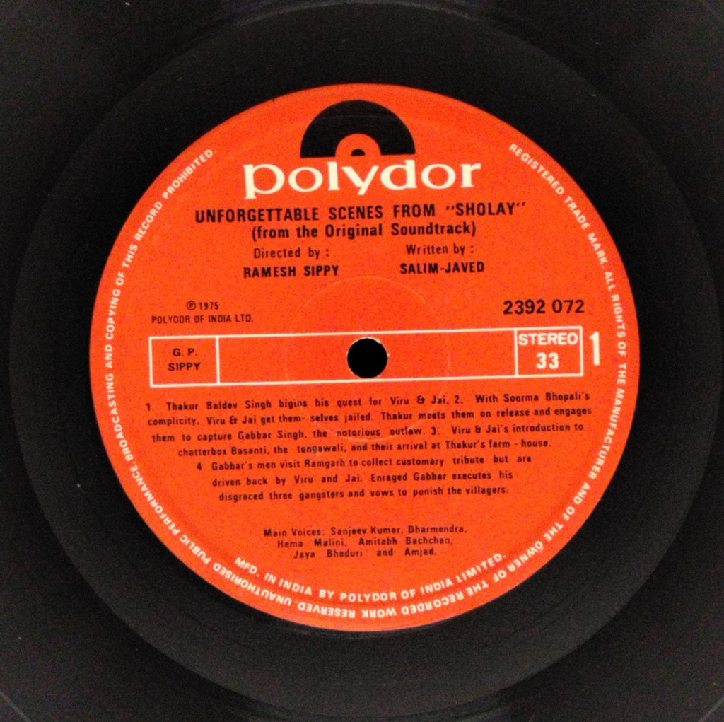 Ramesh Sippy- Unforgettable Scenes from "Sholay" (from the Original Soundtrack) (Vinyl)