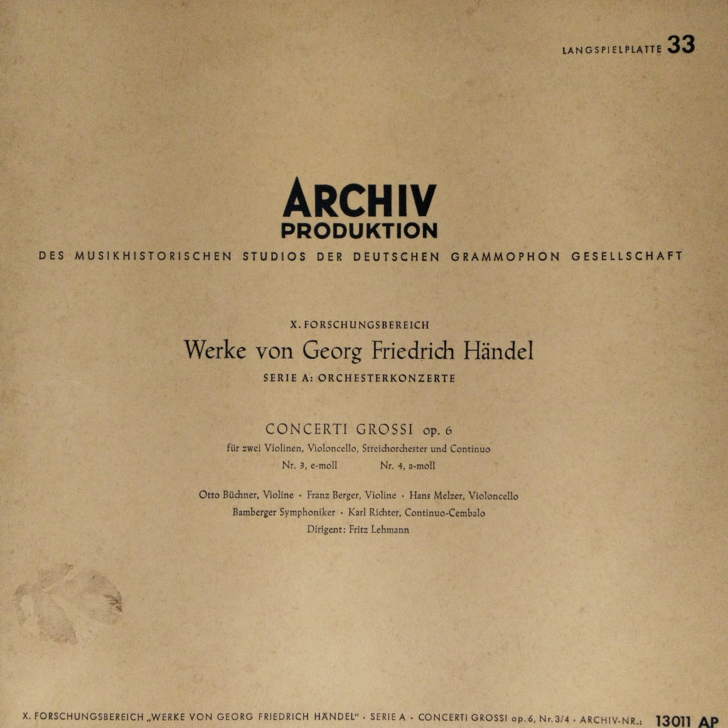 Georg Friedrich Händel, Otto Büchner, Franz Berger, Hans Melzer, Bamberger Symphoniker, Karl Richter, Fritz Lehmann - Werke von Georg Friedrich Händel: Concerti Grossi op. 6 Nr. 3, 4 (Vinyl)