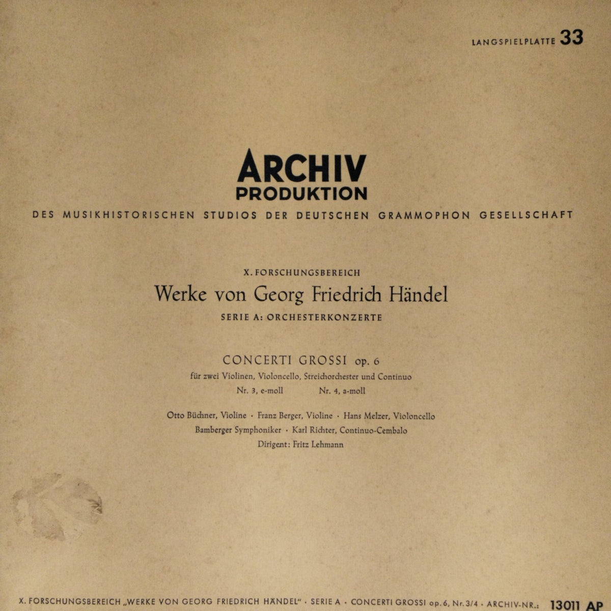 Georg Friedrich Händel, Otto Büchner, Franz Berger, Hans Melzer, Bamberger Symphoniker, Karl Richter, Fritz Lehmann - Werke von Georg Friedrich Händel: Concerti Grossi op. 6 Nr. 3, 4 (Vinyl)