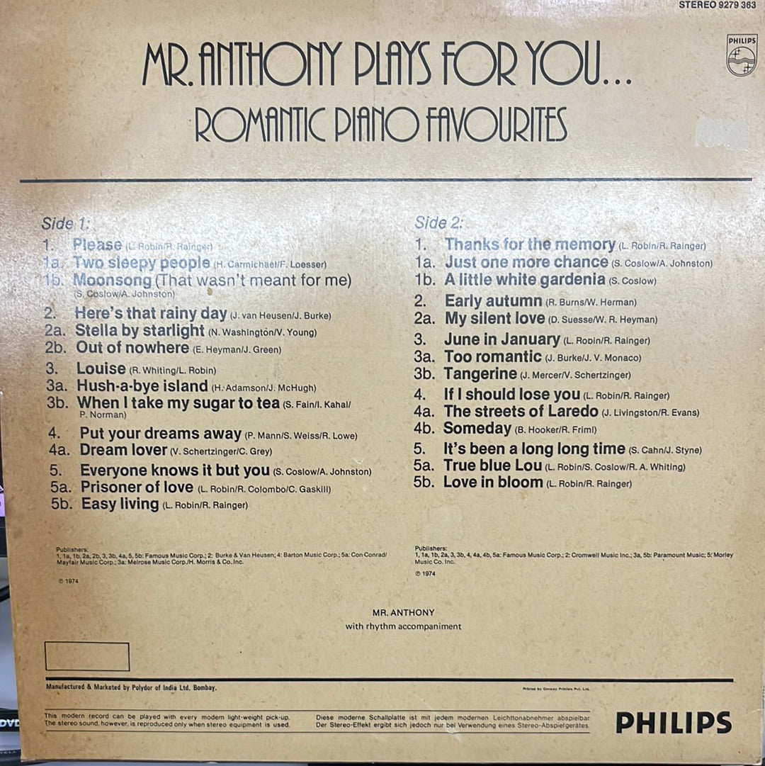 Mr. Anthony - Mr. Anthony Plays For You...Romantic Piano Favourites (Vinyl)