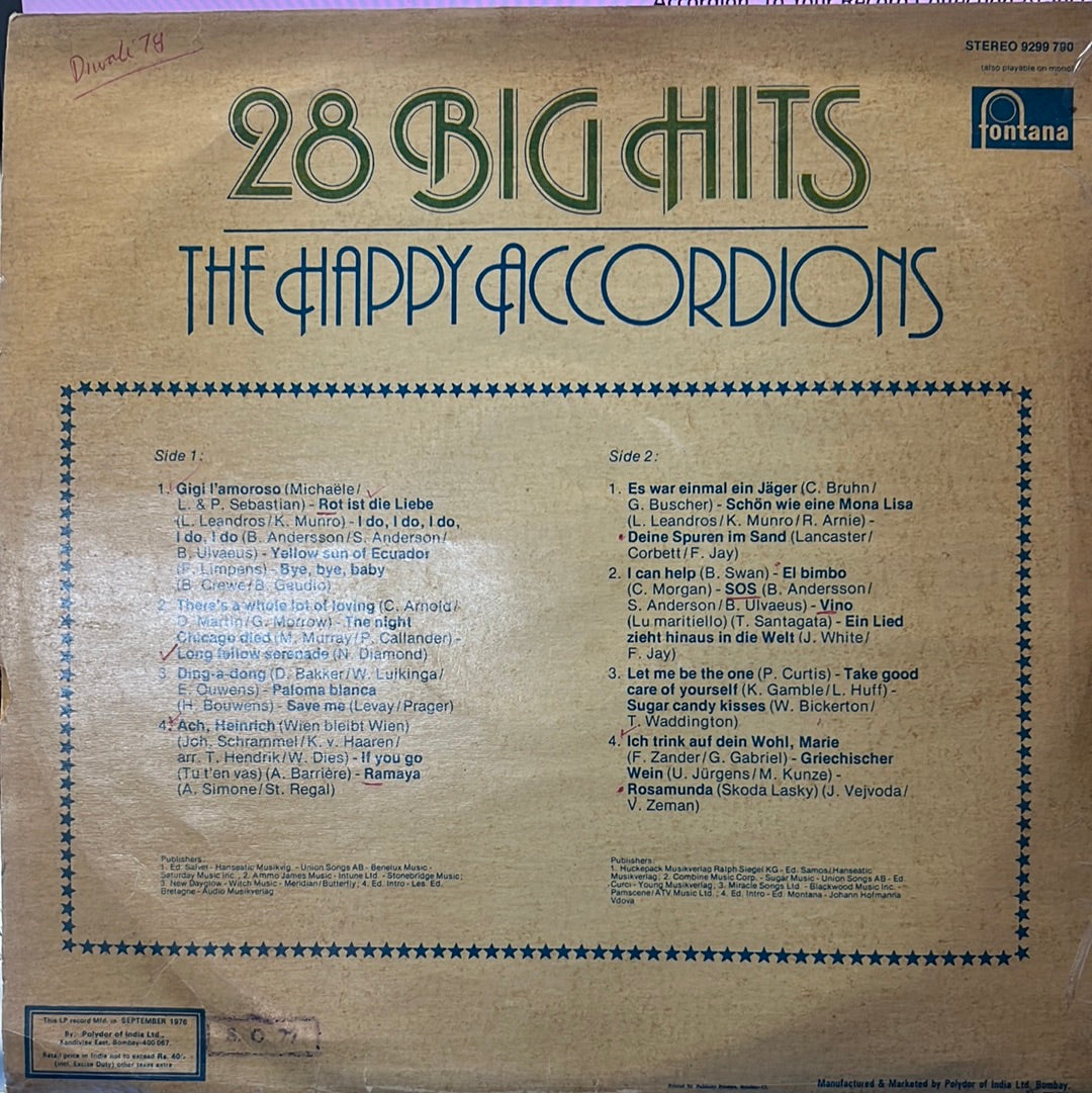 The Happy Accordions  - 28 Hits On The Accordion  (Vinyl)