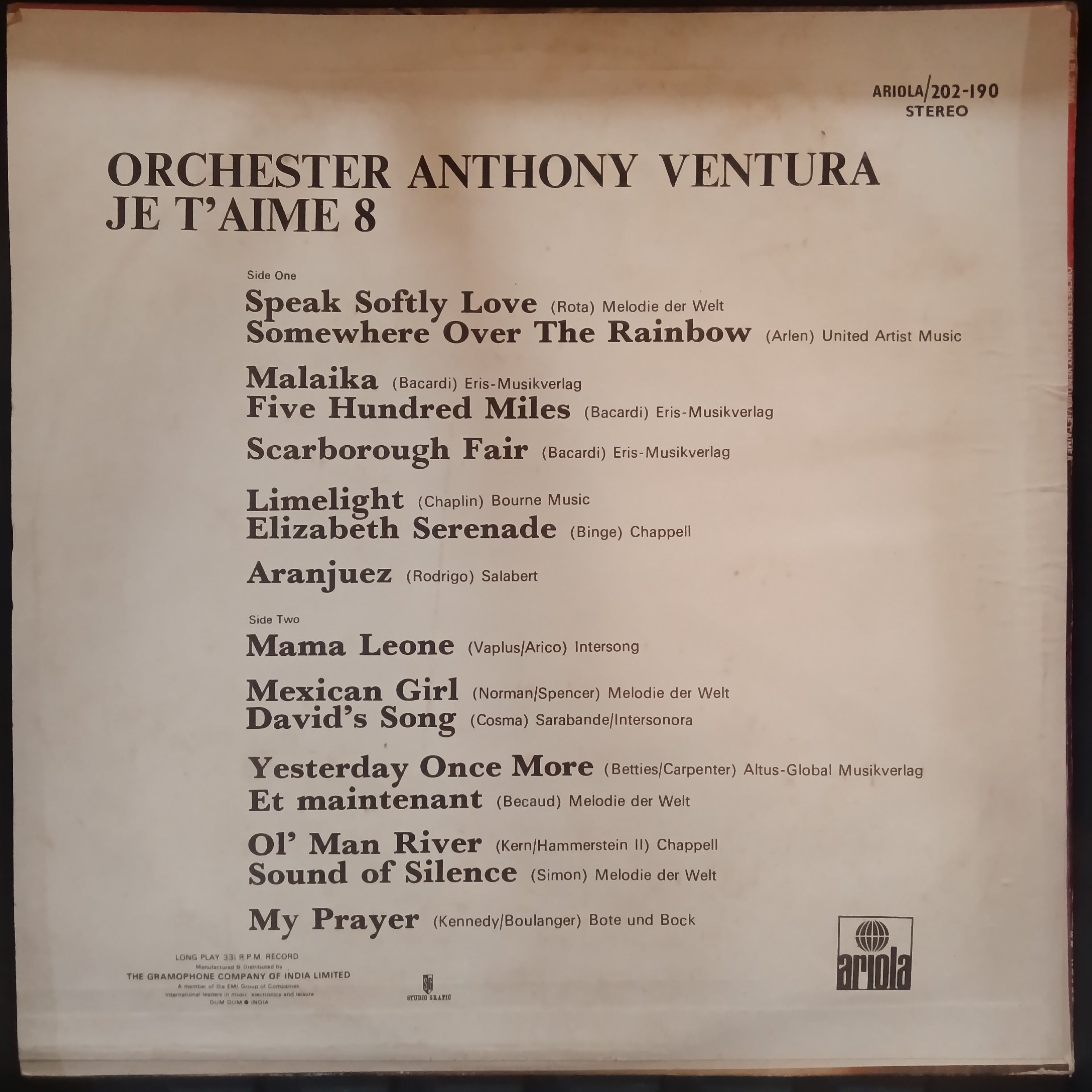 Orchester Anthony Ventura - Je T' Aime 8 Traum Melodien (Vinyl)