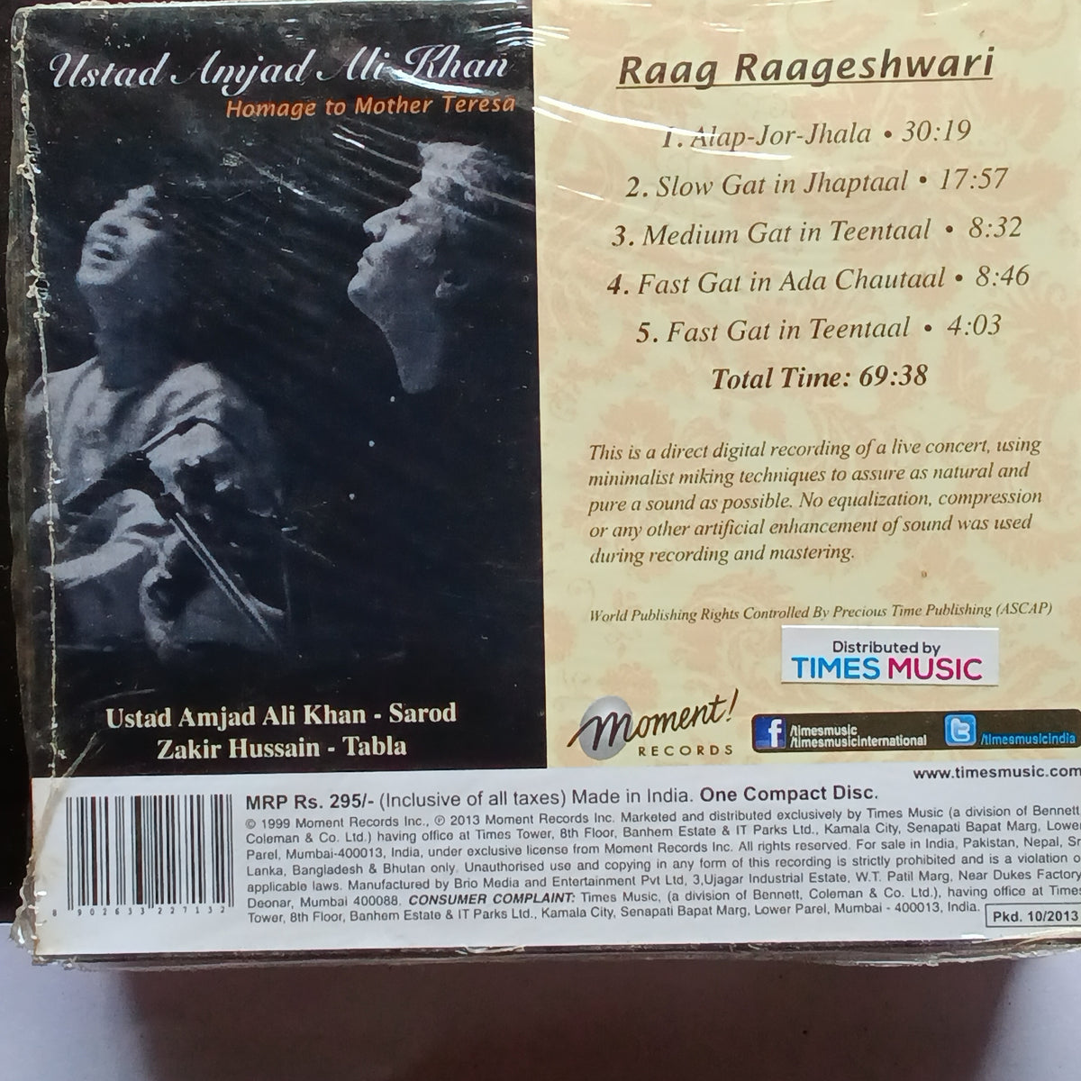 Amjad Ali Khan  - Homage To Mother Teresa - Raga Raageshwari  (CD)