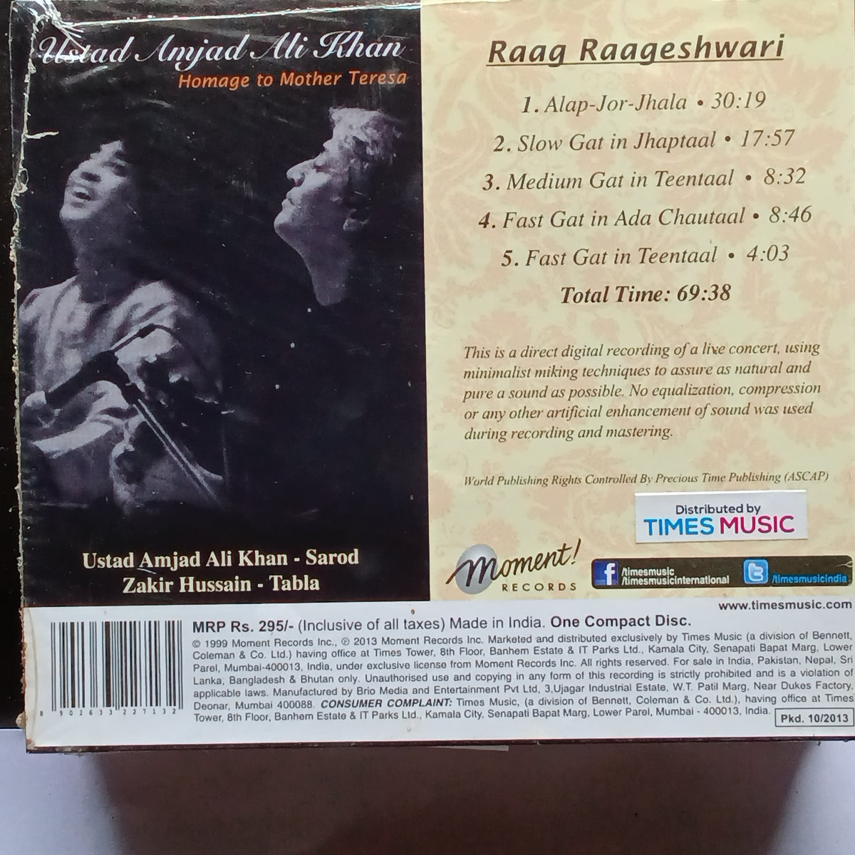 Amjad Ali Khan  - Homage To Mother Teresa - Raag Raageshwari  (CD)