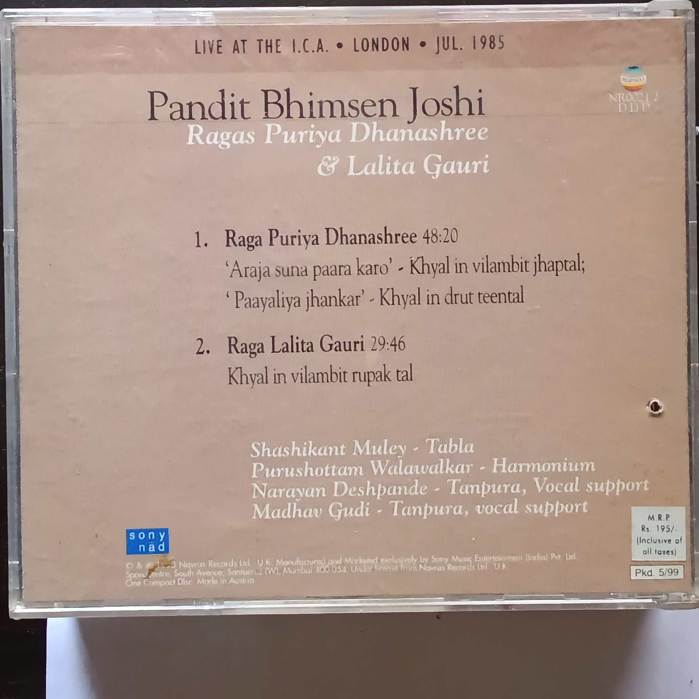 Bhimsen Joshi  - Ragas Puriya Dhanashree & Lalita Gauri (CD)