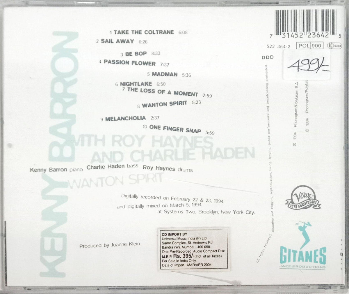 Kenny Barron with Roy Haynes and Charlie Haden -  Wanton Spirit (CD)