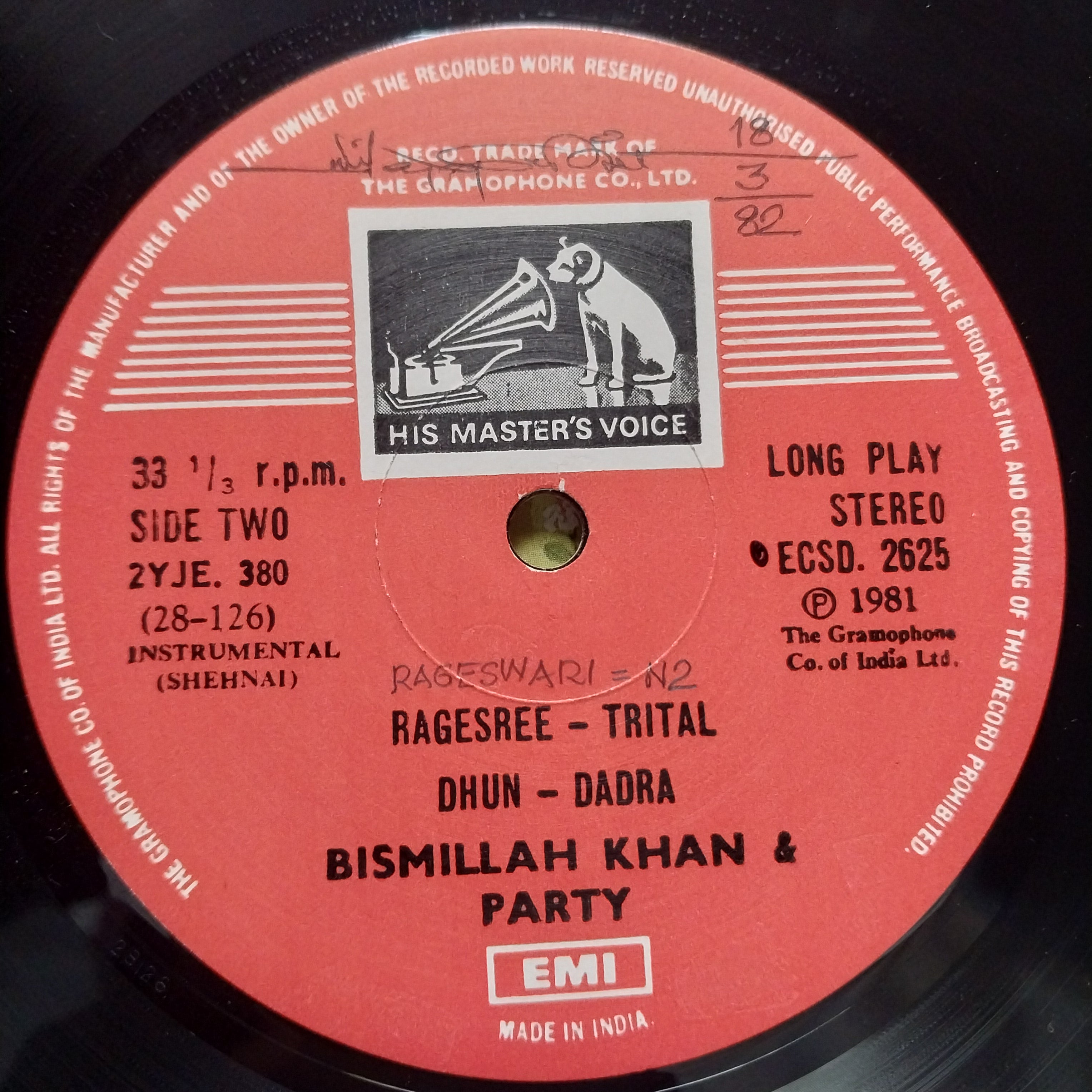 Shehnai-Nawaz Bismillah Khan And Party - Bilaskhani Todi / Rageshree / Dhun (Vinyl)