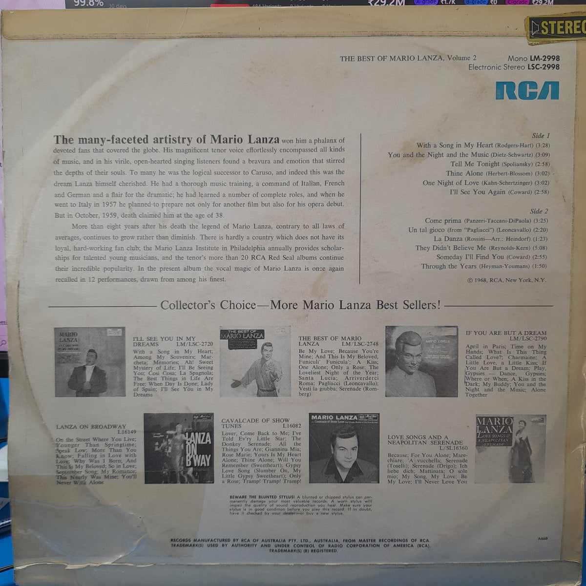 Mario Lanza, Tenor - The Best Of Mario Lanza Volume 2 (Vinyl)