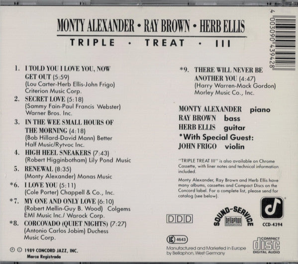 Monty Alexander, Ray Brown, Herb Ellis With Special Guest John Frigo - Triple Â· Treat Â· I I I (CD) Image