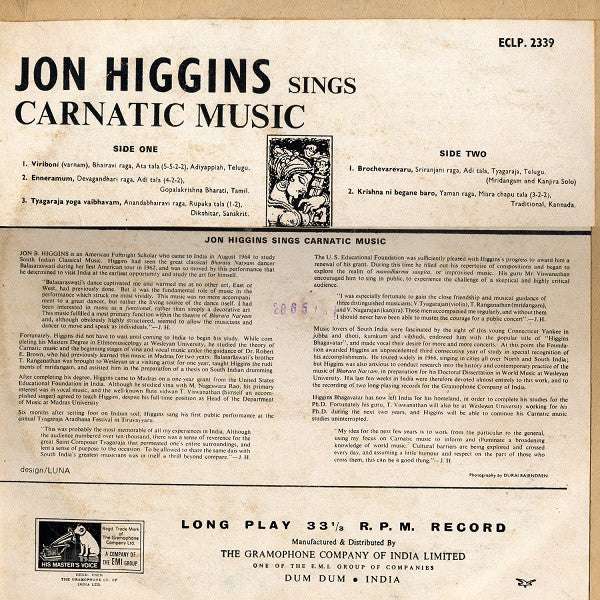 Jon B. Higgins - Jon Higgins Sings Carnatic Music (Vinyl) Image