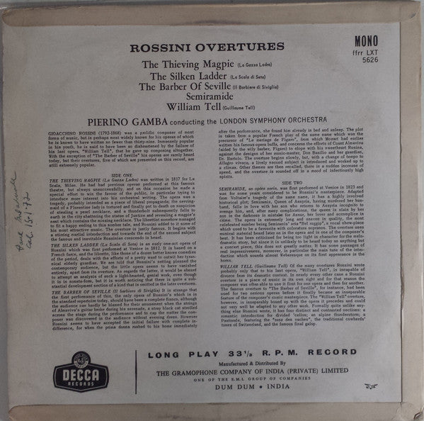 Gioacchino Rossini - London Symphony Orchestra, The / Pierino Gamba - Rossini Overtures (Vinyl) Image