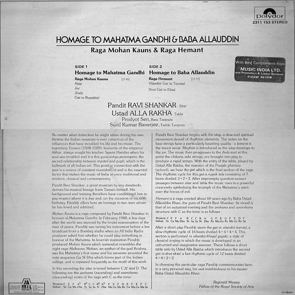 Ravi Shankar - Homage To Mahatma Gandhi & Baba Allauddin (Vinyl) Image