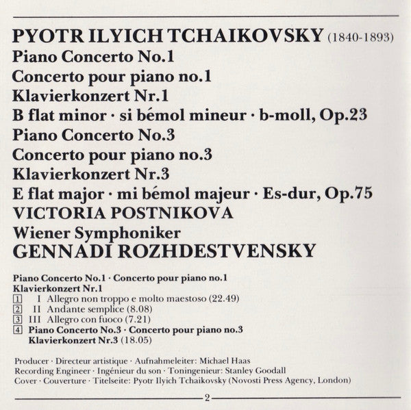 Pyotr Ilyich Tchaikovsky, Victoria Postnikova, Gennadi Rozhdestvensky - Piano Concertos Nos. 1 & 3 (CD) Image