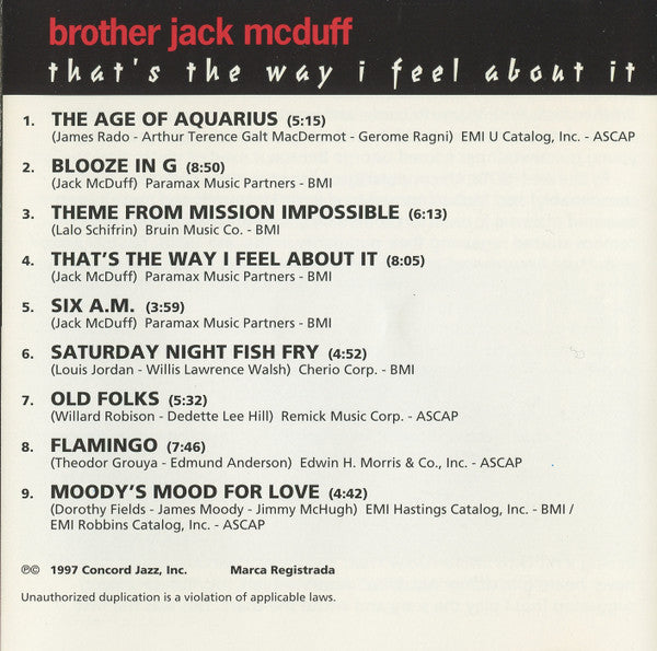 Brother Jack McDuff - That's The Way I Feel About It (CD) Image