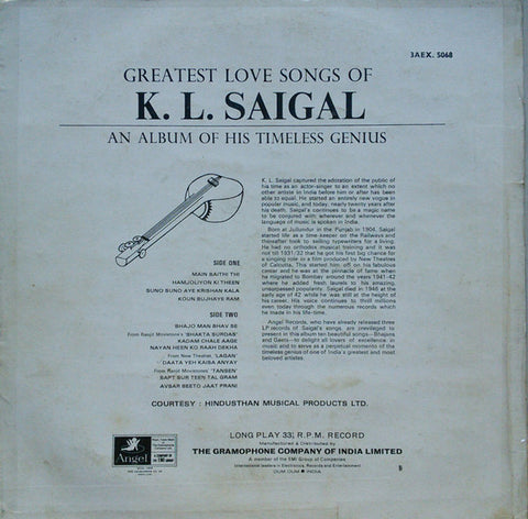 K. L. Saigal - Greatest Love Songs Of K. L. Saigal (An Album Of His Timeless Genius) - Vol. 1 (Vinyl) Image