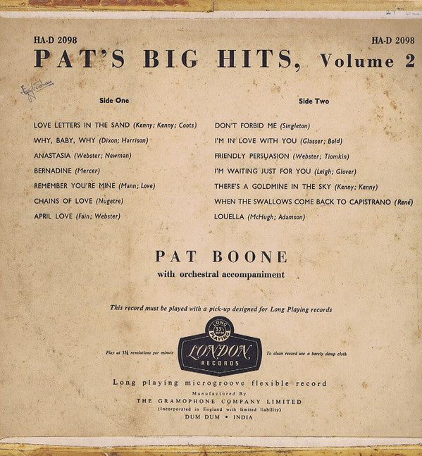 Pat Boone - Pat`s Big Hits Volume 2 (Vinyl)