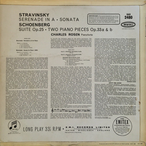 Charles Rosen - Stravinsky: Serenade In A Sonata / Schoenberg: Suite, Op. 25 ãƒ» Two Piano Pieces, Op. 33a And b (Vinyl) Image