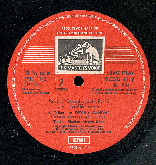 Amjad Ali Khan - Raga Priyadarshini - A Tribute (Vinyl) Image