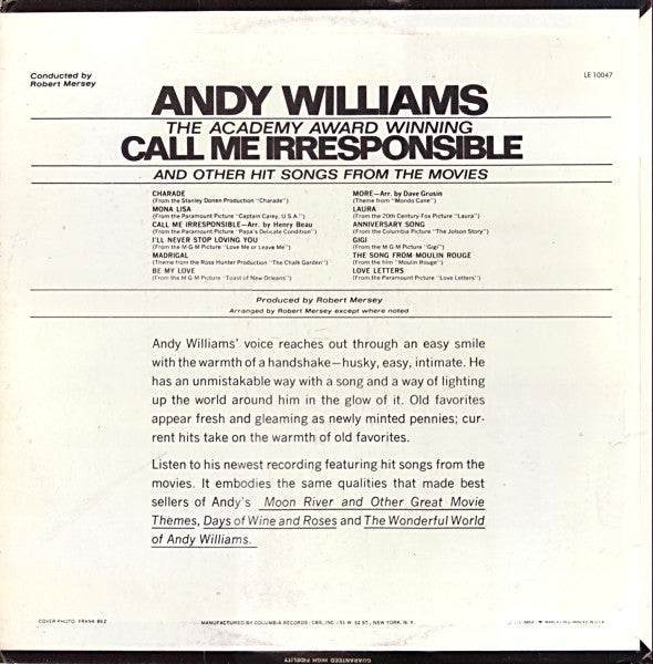 Andy Williams - The Academy Award Winning Call Me Irresponsible And Other Hit Songs From The Movies (Vinyl)